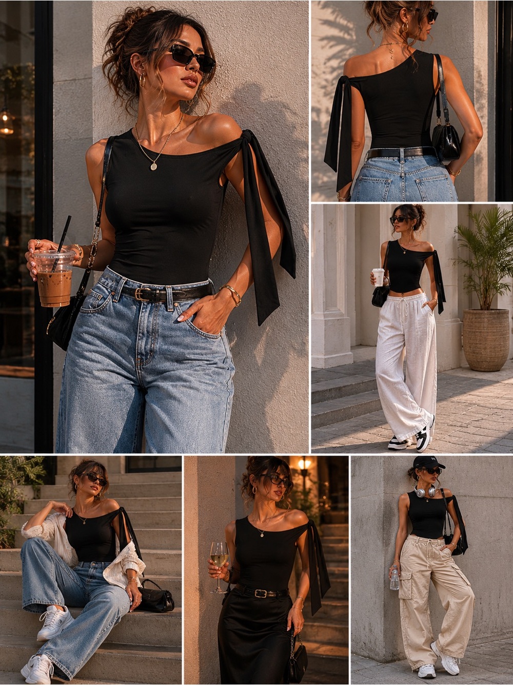 Women’s Black One-Shoulder Bodysuit with Side Tie